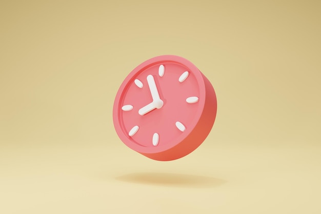 Representación 3D Icono de símbolos de reloj rojo circular sobre fondo Vista en perspectiva amarilla