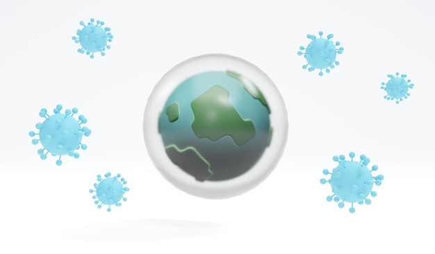 Representación 3D del icono de la tierra con protección de burbujas contra el concepto de virus de inmunidad de rebaño mundial en el estilo de dibujos animados de ilustración de representación 3D de fondo