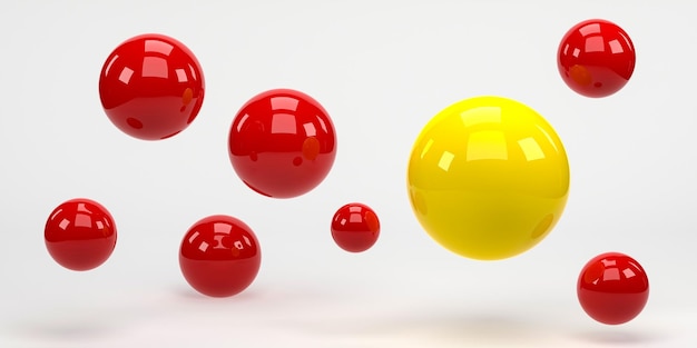 Representación 3D Ilustración 3D Bola de esferas rojas voladoras sobre fondo blanco Concepto mínimo