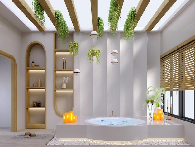 Representación 3d Ilustración 3d Escena interior y maqueta Baño moderno con bañera Baño Lavabos de madera y espejo Hay una claraboya en el techo ventanas grandes luz natural que entra en la habitación