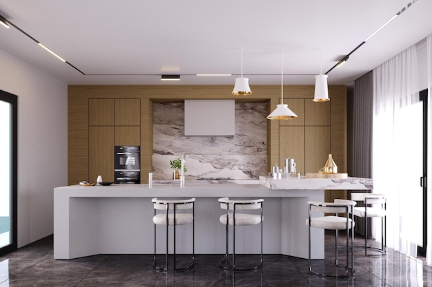 Representación 3d Ilustración 3d Escena interior y maqueta Comedor y cocina de estilo moderno decorado con material de mármol acero inoxidable plateado