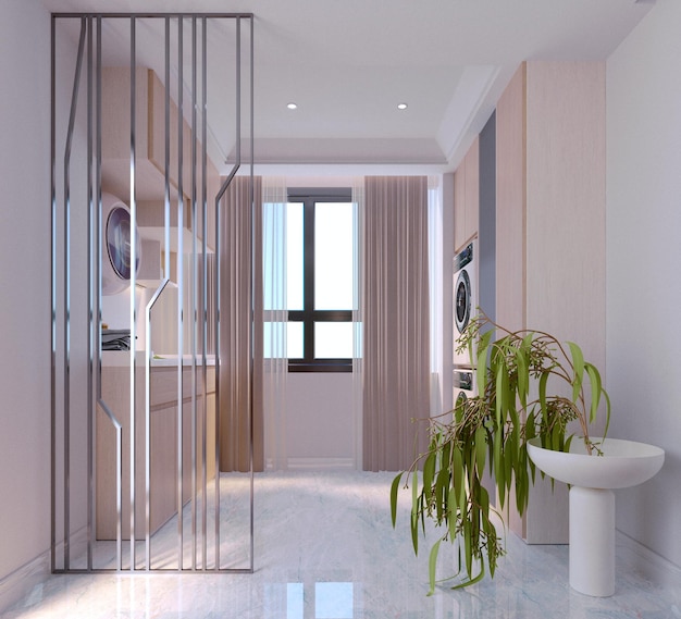 Representación 3d Ilustración 3d Escena interior y maqueta Área de lavado de estilo minimalista con paredes blancas