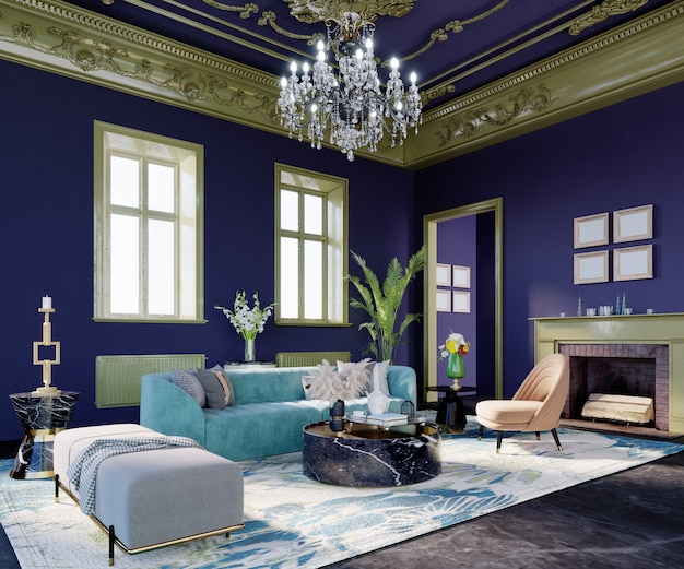 Representación 3d, ilustración 3d, escena interior y maqueta, sala de estar de lujo con paredes azules con rayas verdes.