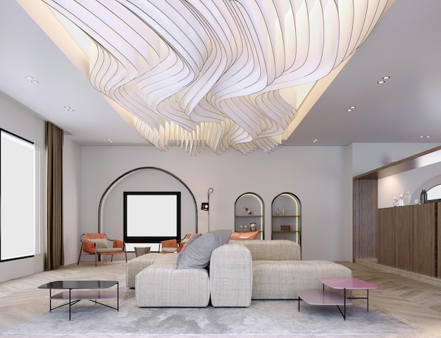 Representación 3d Ilustración 3d Escena interior y maquetaSala de estar decoración de techo de estilo modernosofá geométricotono blanco beige