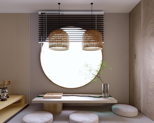 Representación 3d Ilustración 3d Escena interior y maquetasentado en la ventana render 3dventana circular de maderamuebles de madera