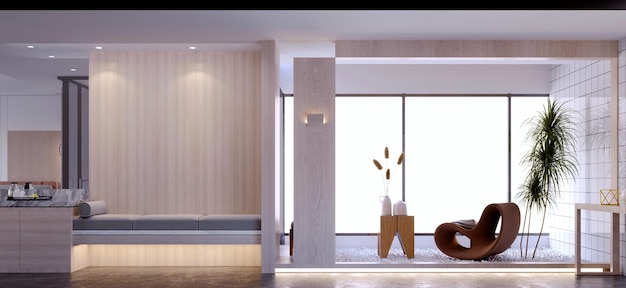 Representación 3d Ilustración 3D Escena interior y Mockup Función de la habitación del hotel Diseño de interiores Render 3d Terraza con jardín Render 3d