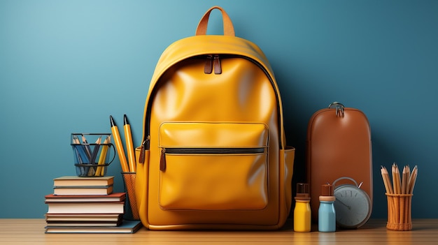 Representación 3D Ilustración 3D de un escritorio escolar con accesorios escolares y una mochila amarilla sobre un fondo azul