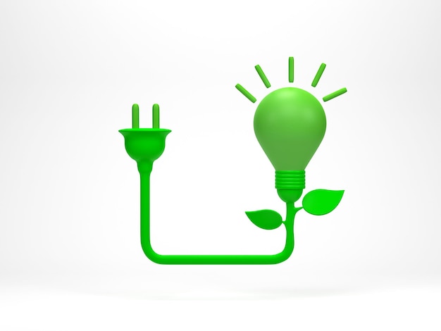 Representación 3d Ilustración 3d Icono de alimentación de enchufe eléctrico verde con forma de planta y hoja Carga ecológica y símbolo de energía verde alternativa Concepto de energía renovable y energía limpia