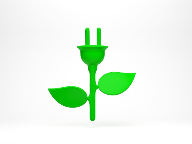 Representación 3d Ilustración 3d Icono de alimentación de enchufe eléctrico verde con forma de planta y hoja Carga ecológica y símbolo de energía verde alternativa Concepto de energía renovable y energía limpia