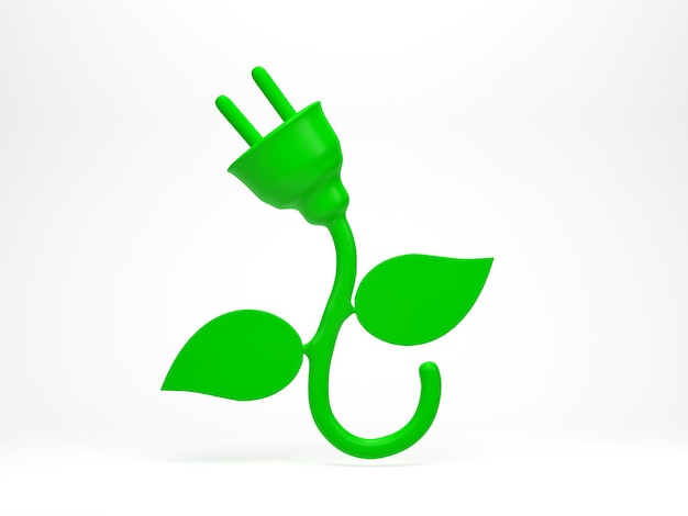 Foto representación 3d ilustración 3d icono de alimentación de enchufe eléctrico verde con forma de planta y hoja carga ecológica y símbolo de energía verde alternativa concepto de energía renovable y energía limpia