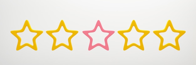 Representación 3D Ilustración 3D Icono de calificación de calidad de cinco estrellas para sitio web de Internet y aplicación móvil Concepto de comentarios de calificación del cliente