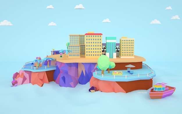 Representación 3D de una ilustración de un edificio de apartamentos de la ciudad en una isla