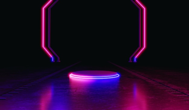 Representación 3D Ilustración de podio de metal negro o pantalla de pedestal en negro y oscuro Estante de producto en blanco de pie Resplandor de neón rosa claro Portal de marco de círculo de neón Concepto de ciencia ficción de realidad virtual