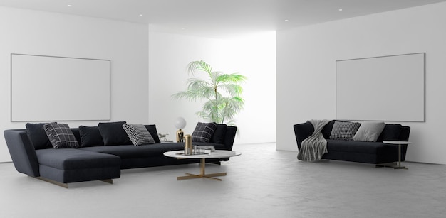 Representación 3D de ilustración de sala de interiores brillantes modernos de lujo grande
