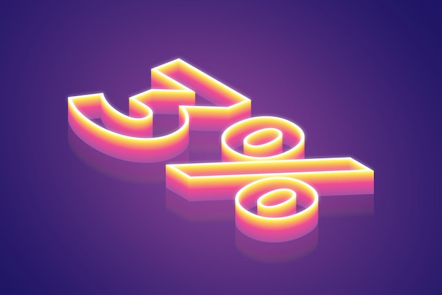 Representación 3d Ilustración de símbolo digital del 3 por ciento en color rosa púrpura degradado para la venta con descuento