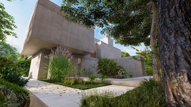 Representación 3D de una impresionante villa contemporánea con exuberante jardín