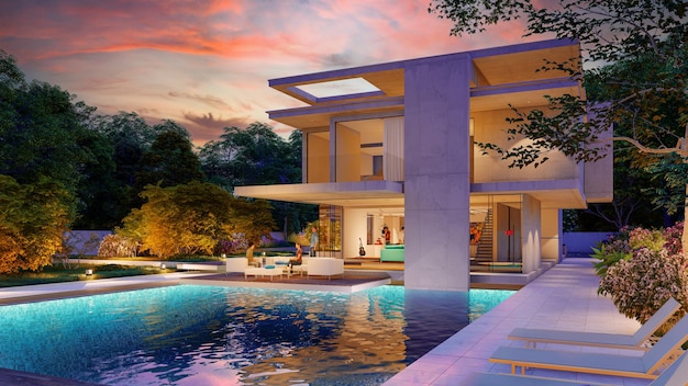 Representación 3D de una impresionante villa contemporánea con jardín y piscina al atardecer