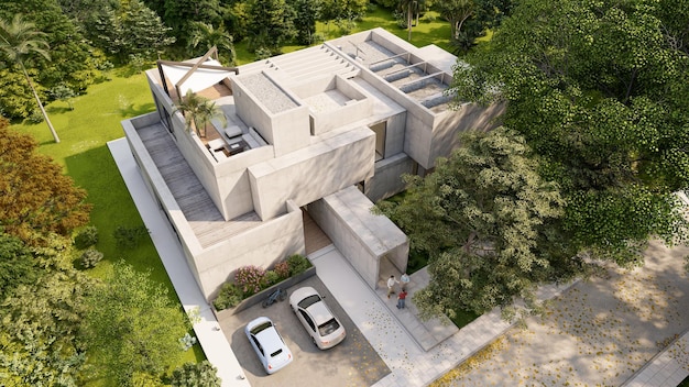 Representación 3D de una impresionante villa moderna con vista aérea de paneles solares