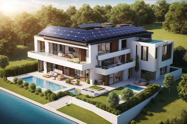 Representación 3D de una impresionante villa moderna con vista aérea de paneles solares