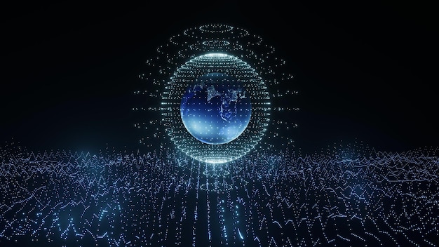 Representación 3D Infografía artística túnel de números binarios y rotación del globo terrestre