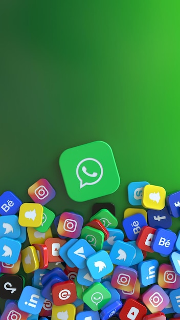 Foto representación 3d de una insignia de whatsapp rodeada de insignias de las redes sociales más importantes. disparo vertical.