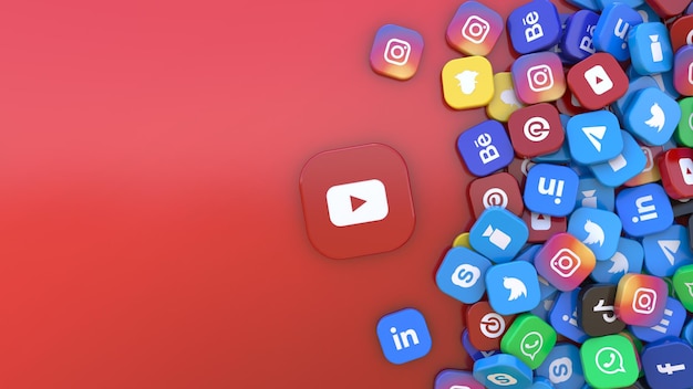 Representación 3D de una insignia de Youtube rodeada de insignias de las redes sociales más importantes