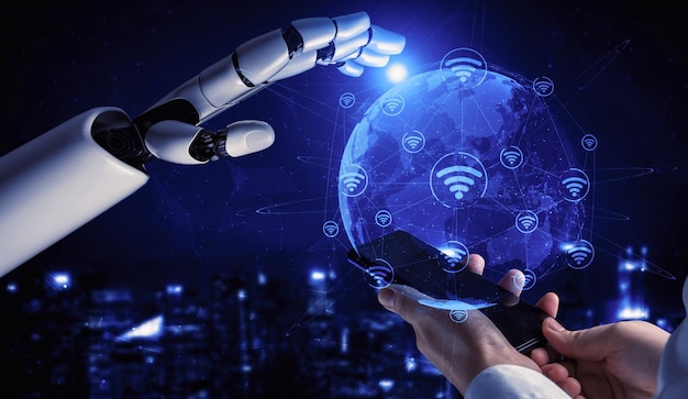 Representación 3D de inteligencia artificial Investigación de IA del desarrollo de robots y cyborgs para el futuro de las personas que viven Minería de datos digitales y diseño de tecnología de aprendizaje automático para el cerebro de la computadora