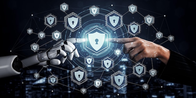 Representación 3D de inteligencia artificial Investigación de IA del desarrollo de robots y cyborgs para el futuro de las personas que viven Minería de datos digitales y diseño de tecnología de aprendizaje automático para el cerebro de la computadora