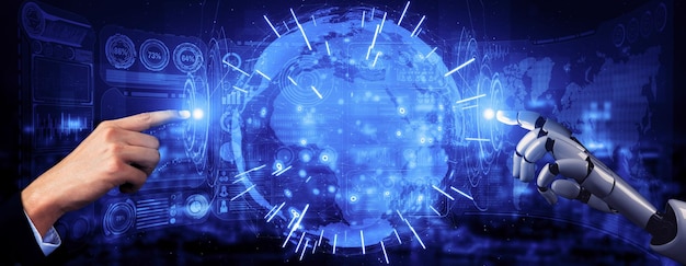 Representación 3D inteligencia artificial Investigación de IA del desarrollo de robots y cyborgs para el futuro de las personas que viven Minería de datos digitales y diseño de tecnología de aprendizaje automático para el cerebro de la computadora