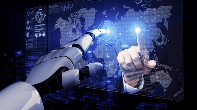 Representación 3D de inteligencia artificial Investigación de IA del desarrollo de robots y cyborgs para el futuro de las personas que viven Minería de datos digitales y diseño de tecnología de aprendizaje automático para el cerebro de la computadora