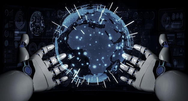 Representación 3D de inteligencia artificial Investigación de IA del desarrollo de robots y cyborgs para el futuro de las personas que viven Minería de datos digitales y diseño de tecnología de aprendizaje automático para el cerebro de la computadora