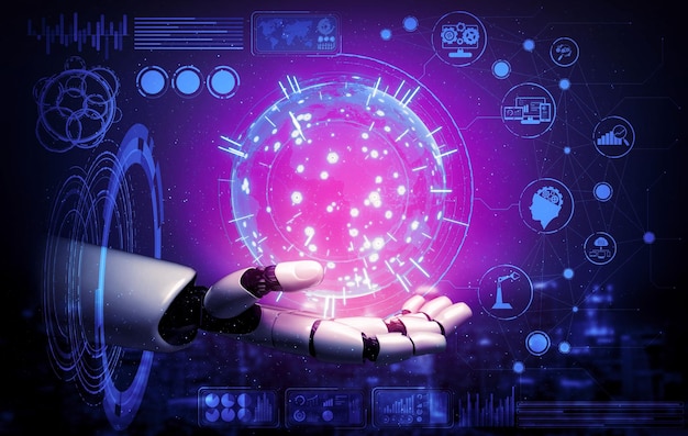 Representación 3D de inteligencia artificial Investigación de IA del desarrollo de robots y cyborgs para el futuro de las personas que viven Minería de datos digitales y diseño de tecnología de aprendizaje automático para el cerebro de la computadora