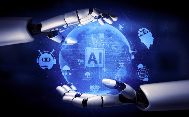 Representación 3D de inteligencia artificial Investigación de IA del desarrollo de robots y cyborgs para el futuro de las personas que viven Minería de datos digitales y diseño de tecnología de aprendizaje automático para el cerebro de la computadora