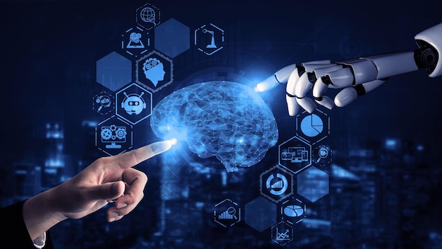 Representación 3D de inteligencia artificial Investigación de IA del desarrollo de robots y cyborgs para el futuro de las personas que viven Minería de datos digitales y diseño de tecnología de aprendizaje automático para el cerebro de la computadora