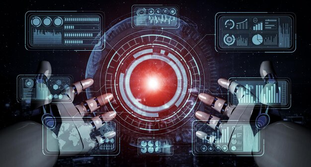 Representación 3D inteligencia artificial Investigación de IA del desarrollo de robots y cyborgs para el futuro de las personas que viven Minería de datos digitales y diseño de tecnología de aprendizaje automático para el cerebro de la computadora