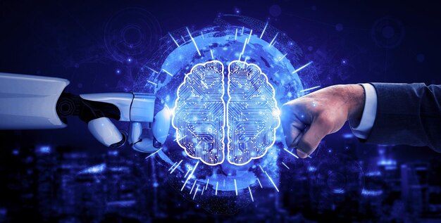 Representación 3D inteligencia artificial Investigación de IA del desarrollo de robots y cyborgs para el futuro de las personas que viven Minería de datos digitales y diseño de tecnología de aprendizaje automático para el cerebro de la computadora