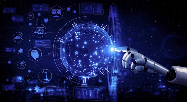 Representación 3D inteligencia artificial Investigación de IA del desarrollo de robots y cyborgs para el futuro de las personas que viven Minería de datos digitales y diseño de tecnología de aprendizaje automático para el cerebro de la computadora