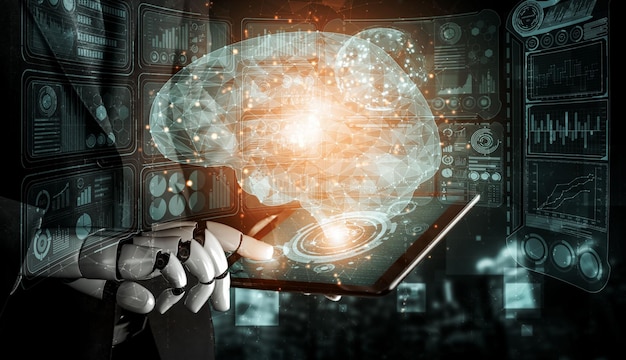 Representación 3D de inteligencia artificial Investigación de IA del desarrollo de robots y cyborgs para el futuro de las personas que viven Minería de datos digitales y diseño de tecnología de aprendizaje automático para el cerebro de la computadora