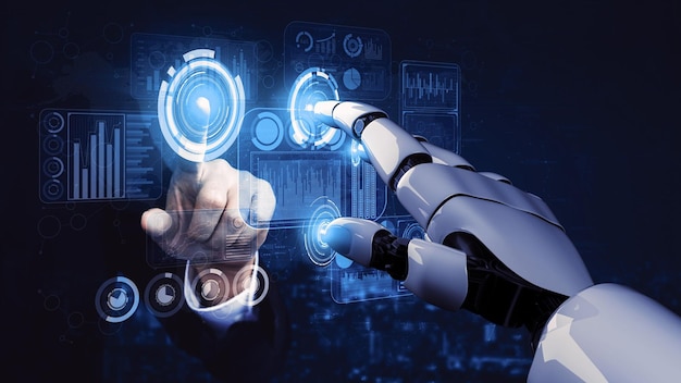 Representación 3D inteligencia artificial Investigación de IA del desarrollo de robots y cyborgs para el futuro de las personas que viven Minería de datos digitales y diseño de tecnología de aprendizaje automático para el cerebro de la computadora