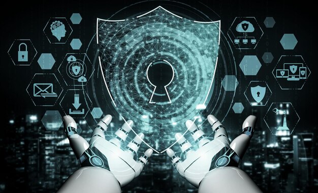 Representación 3D inteligencia artificial Investigación de IA del desarrollo de robots y cyborgs para el futuro de las personas que viven Minería de datos digitales y diseño de tecnología de aprendizaje automático para el cerebro de la computadora