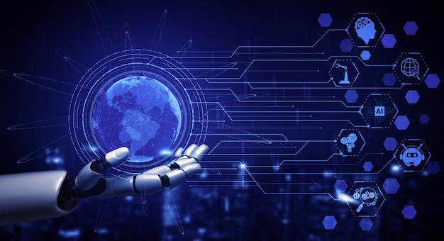 Representación 3D inteligencia artificial Investigación de IA del desarrollo de robots y cyborgs para el futuro de las personas que viven Minería de datos digitales y diseño de tecnología de aprendizaje automático para el cerebro de la computadora