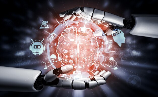 Representación 3D inteligencia artificial Investigación de IA del desarrollo de robots y cyborgs para el futuro de las personas que viven Minería de datos digitales y diseño de tecnología de aprendizaje automático para el cerebro de la computadora
