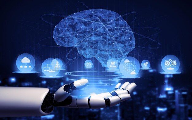 Representación 3D de inteligencia artificial Investigación de IA del desarrollo de robots y cyborgs para el futuro de las personas que viven Minería de datos digitales y diseño de tecnología de aprendizaje automático para el cerebro de la computadora