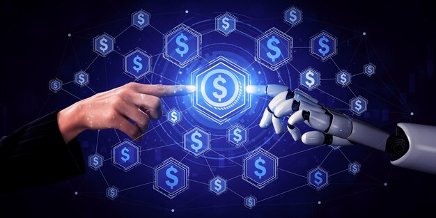 Representación 3D inteligencia artificial Investigación de IA del desarrollo de robots y cyborgs para el futuro de las personas que viven Minería de datos digitales y diseño de tecnología de aprendizaje automático para el cerebro de la computadora