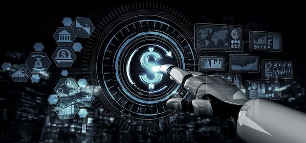 Representación 3D de inteligencia artificial Investigación de IA del desarrollo de robots y cyborgs para el futuro de las personas que viven Minería de datos digitales y diseño de tecnología de aprendizaje automático para el cerebro de la computadora