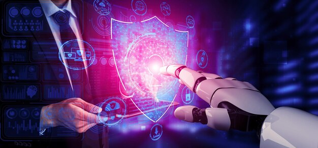 Representación 3D de inteligencia artificial Investigación de IA del desarrollo de robots y cyborgs para el futuro de las personas que viven Minería de datos digitales y diseño de tecnología de aprendizaje automático para el cerebro de la computadora