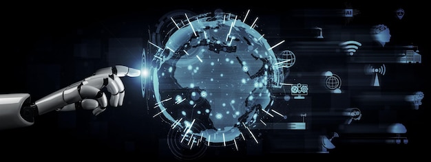 Representación 3D inteligencia artificial Investigación de IA del desarrollo de robots y cyborgs para el futuro de las personas que viven Minería de datos digitales y diseño de tecnología de aprendizaje automático para el cerebro de la computadora