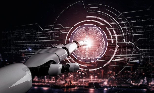 Representación 3D de inteligencia artificial Investigación de IA del desarrollo de robots y cyborgs para el futuro de las personas que viven Minería de datos digitales y diseño de tecnología de aprendizaje automático para el cerebro de la computadora