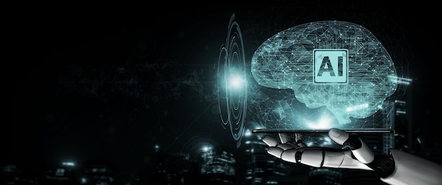 Representación 3D de inteligencia artificial Investigación de IA del desarrollo de robots y cyborgs para el futuro de las personas que viven Minería de datos digitales y diseño de tecnología de aprendizaje automático para el cerebro de la computadora