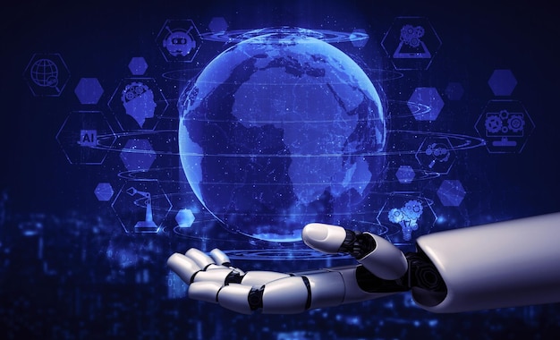 Representación 3D de inteligencia artificial Investigación de IA del desarrollo de robots y cyborgs para el futuro de las personas que viven Minería de datos digitales y diseño de tecnología de aprendizaje automático para el cerebro de la computadora